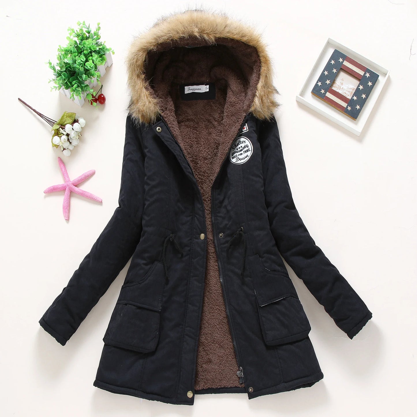Veste Parka Femme - Capuche Doublée Fausse Fourrure - Taille Ajustable - Doublure Chaude