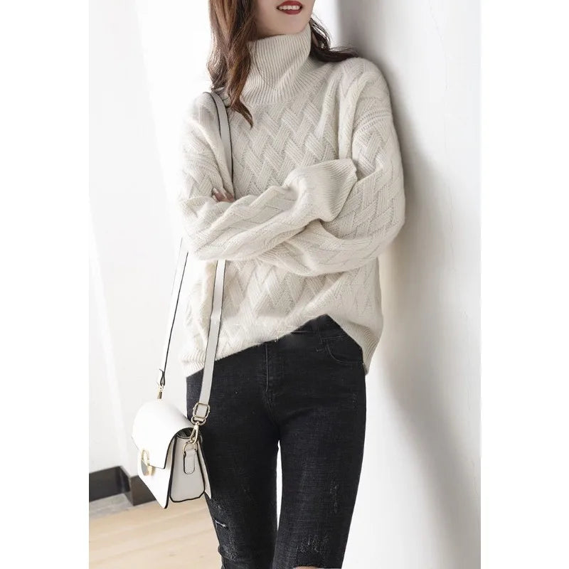 Femme Pull Col Roulé – Maille Torsadée – Coupe Ample – Manches Longues Douces