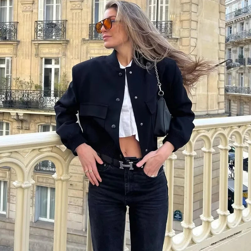 Veste Femme Courte - Coton Structuré - Coupe Décontractée - Poches à Rabat - Col Rond