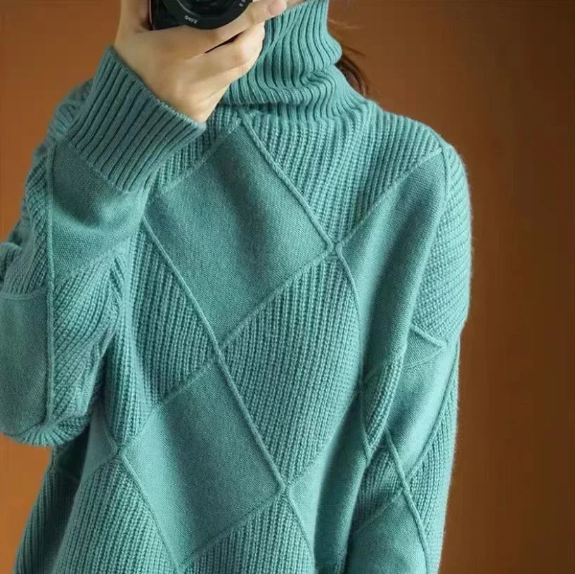 Femme Pull Col Roulé – Laine Mérinos – Maille Texturée – Coupe Ample Confortable