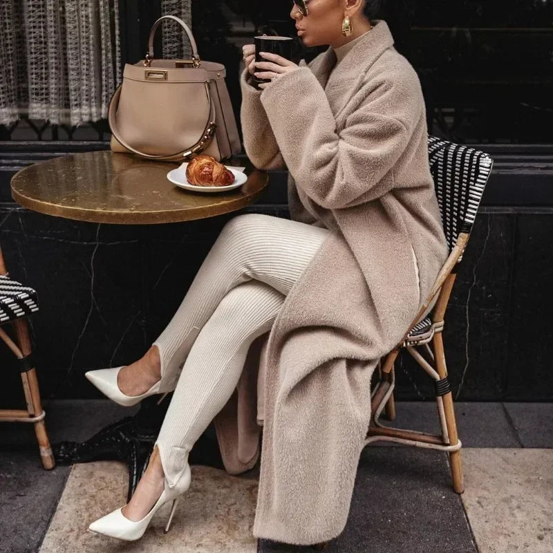 Manteau long femme - Coupe droite oversize - Tissu texturé - Revers larges élégants