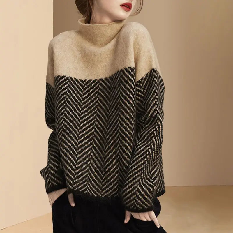 Pull Femme - Col Montant - Coupe Ample - Motif Chevron - Manches Longues - Maille Douce