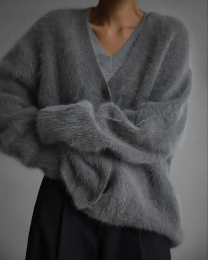 Cardigan Femme Oversize - Matière Duveteuse - Coupe Ample - Col V - Boutonné Casual