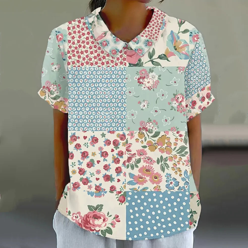 Blouse Femme - Col Claudine - Manches Courtes - Coupe Ample - Imprimé Floral Aéré