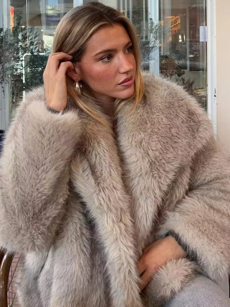 Manteau Femme en Fausse Fourrure - Coupe Longue - Col Large - Doublure Chaude