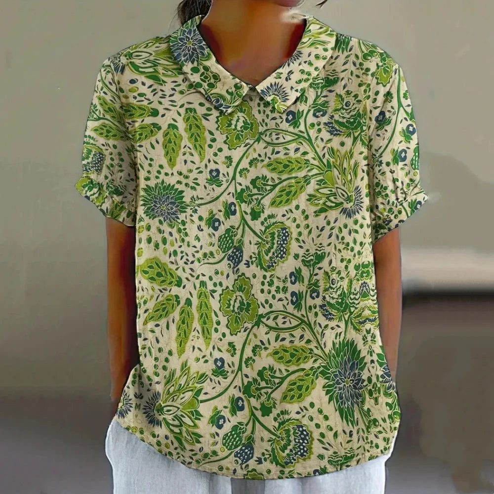 Blouse Femme - Col Claudine - Manches Courtes - Coupe Ample - Imprimé Floral Aéré
