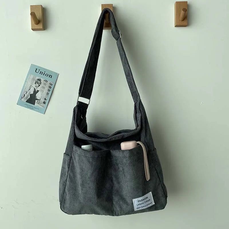 Sac bandoulière femme - Côtelé décontracté - Multi-poches - Bandoulière large confortable