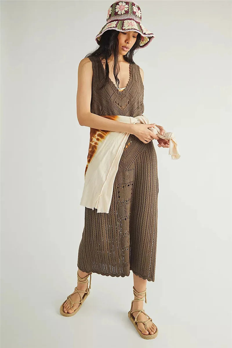Robe femme – Coupe décontractée – Maille ajourée – Col V – Motif géométrique – Fente côté