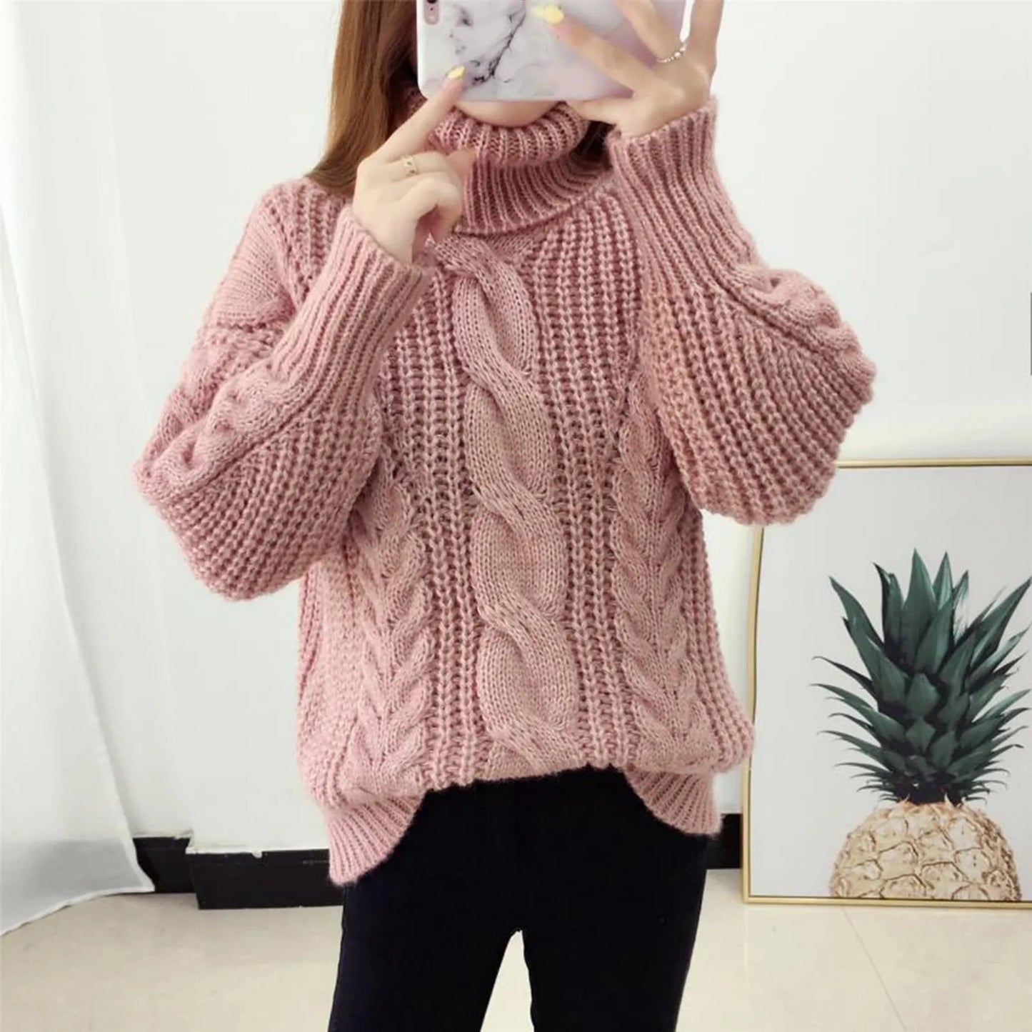 Pull Femme - Maille Côtelée - Col Roulé - Coupe Oversize - Tricot Torsadé Chaleureux