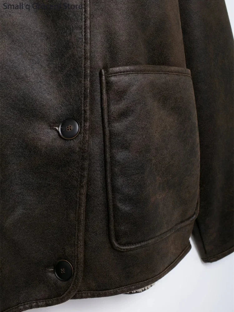 Veste Femme en Cuir Véritable - Doublure Mouton - Coupe Oversize - Col Revers Chic