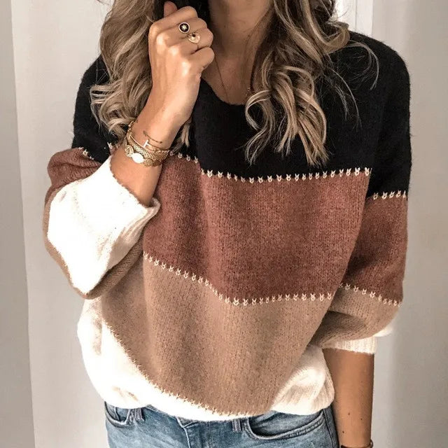 Femme Pull Maille – Coupe Décontractée – Col Rond – Manches Longues – Style Rayé Moderne