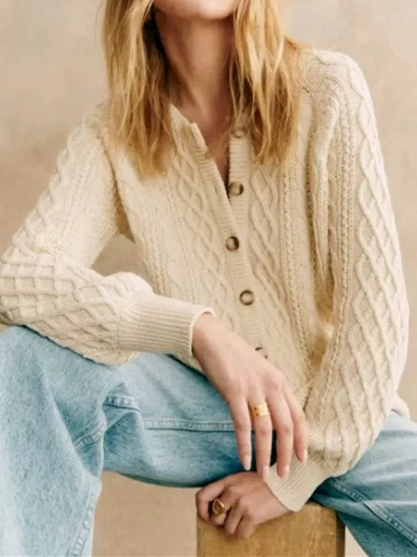 Cardigan Femme – Maille Torsadée – Coupe Décontractée – Col V – Manches Longues