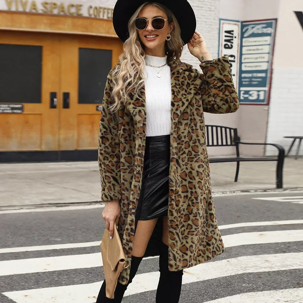 Manteau Long Femme - Fausse Fourrure - Col Revers - Style Élégant Imprimé Léopard