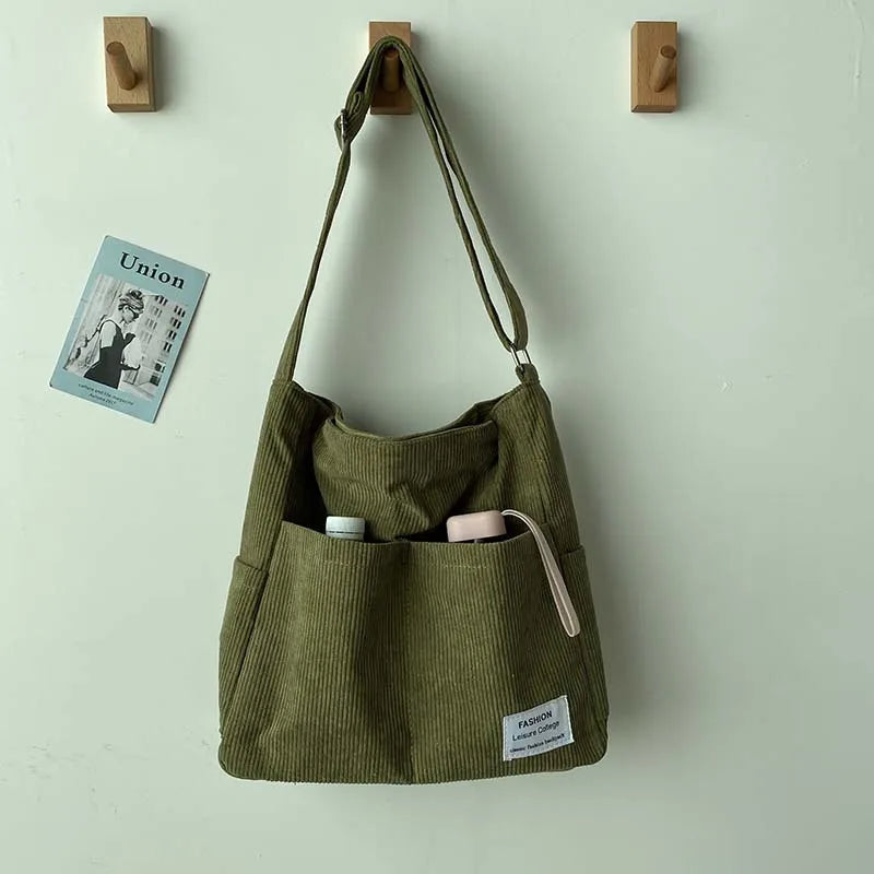 Sac bandoulière femme - Côtelé décontracté - Multi-poches - Bandoulière large confortable