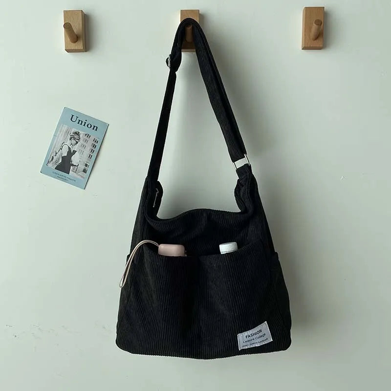 Sac bandoulière femme - Côtelé décontracté - Multi-poches - Bandoulière large confortable