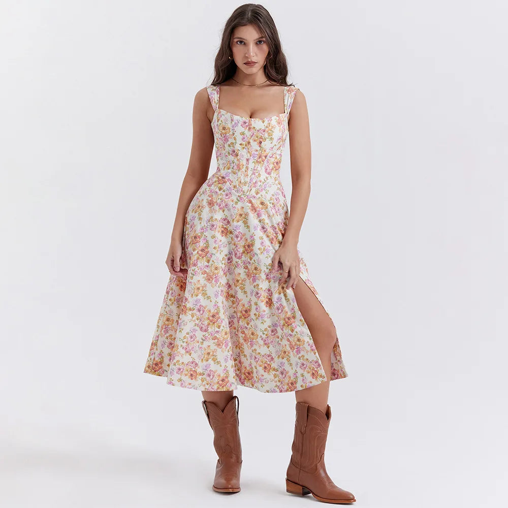 Robe Midi Femme – Coupe Cintrée Évasée – Imprimé Floral – Fente Latérale Élégante