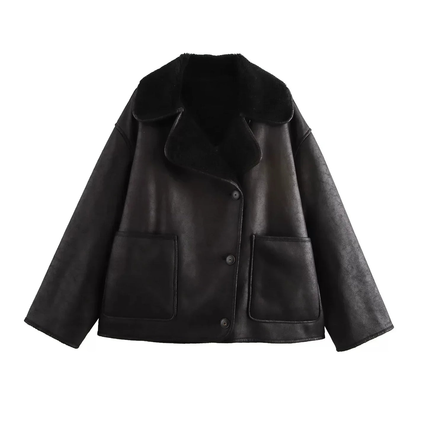 Veste Femme en Cuir Véritable - Doublure Mouton - Coupe Oversize - Col Revers Chic