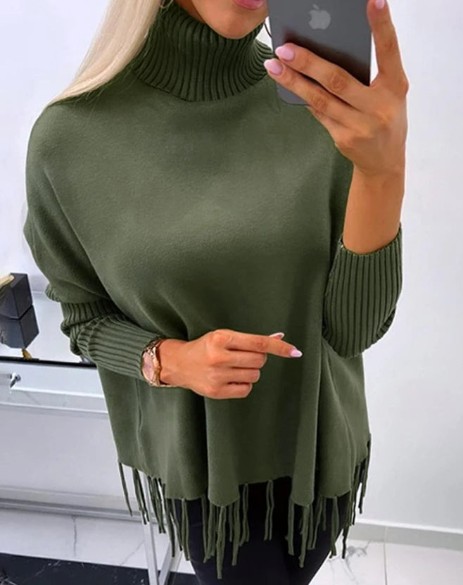 Femme Pull Poncho – Col Roulé Haut – Coupe Ample – Finitions Franges – Manches Côtelées