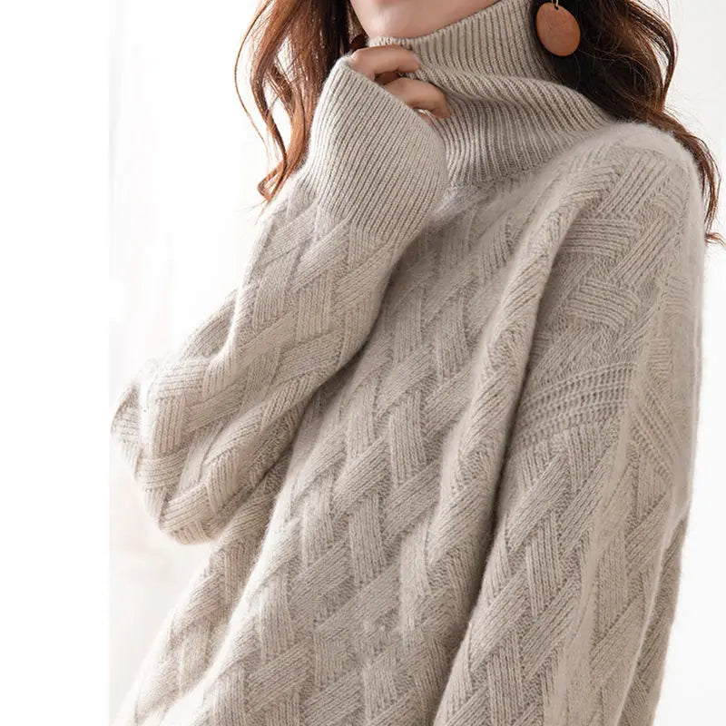 Femme Pull Col Roulé – Maille Torsadée – Coupe Ample – Manches Longues Douces