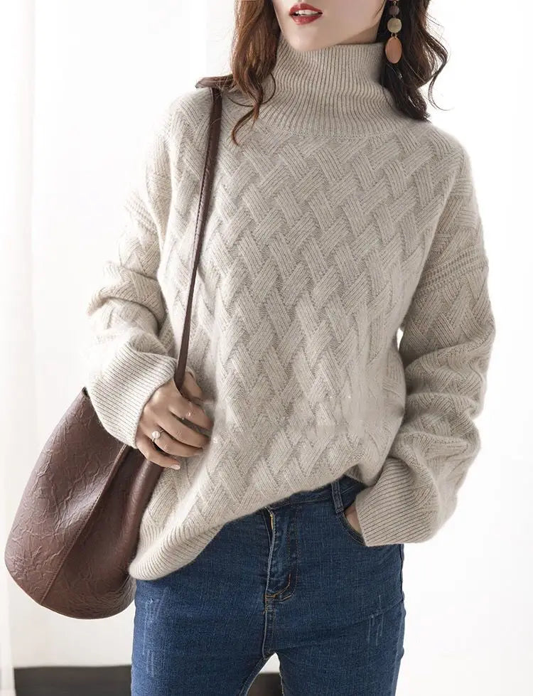 Femme Pull Col Roulé – Maille Torsadée – Coupe Ample – Manches Longues Douces