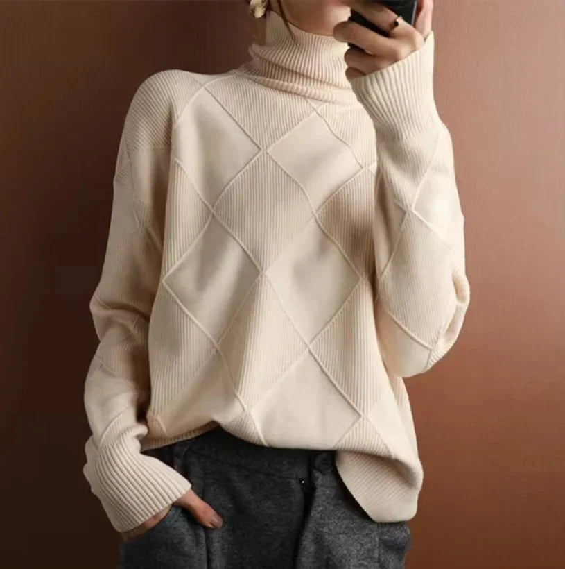 Femme Pull Col Roulé – Laine Mérinos – Maille Texturée – Coupe Ample Confortable