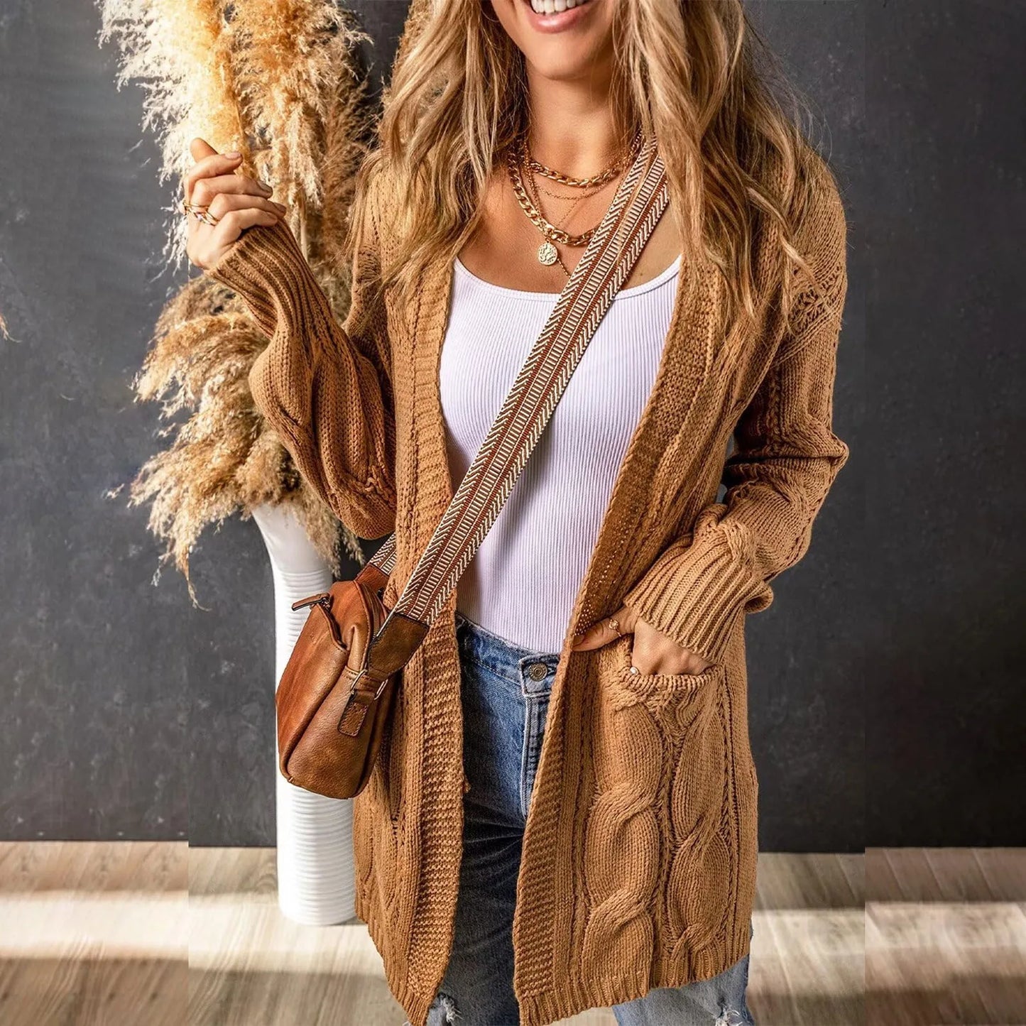 Femme Gilet Tricot Ouvert – Maille Texturée – Coupe Ample – Manches Longues – Poches Pratiques