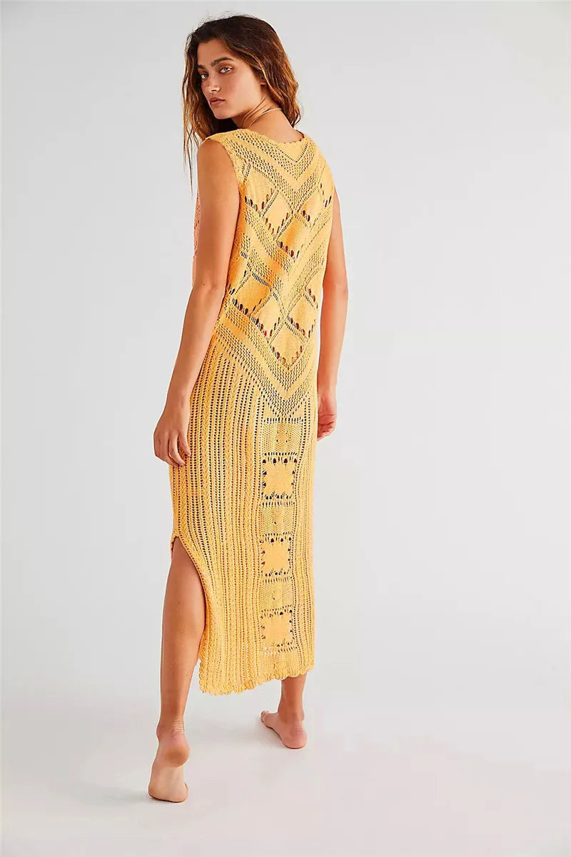Robe femme – Coupe décontractée – Maille ajourée – Col V – Motif géométrique – Fente côté