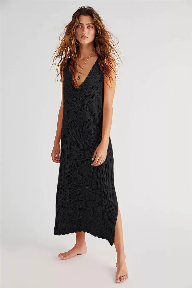 Robe femme – Coupe décontractée – Maille ajourée – Col V – Motif géométrique – Fente côté