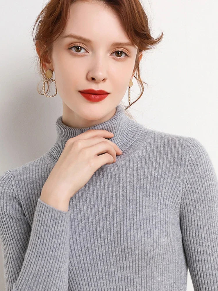 Femme Pull Col Roulé – Maille Côtelée – Coupe Ajustée – Manches Longues Élégantes