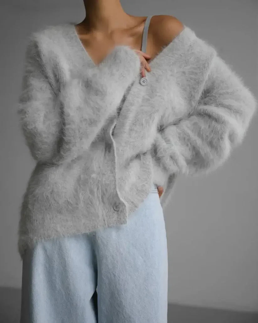 Cardigan Femme Oversize - Matière Duveteuse - Coupe Ample - Col V - Boutonné Casual