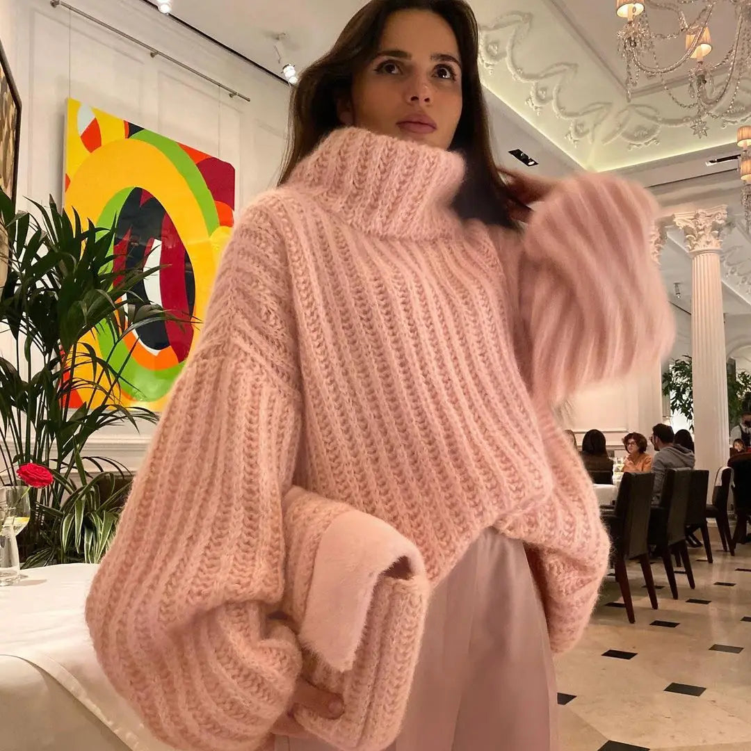 Femme Pull Col Roulé - Maille Épaisse - Coupe Oversize - Doux et Confortable