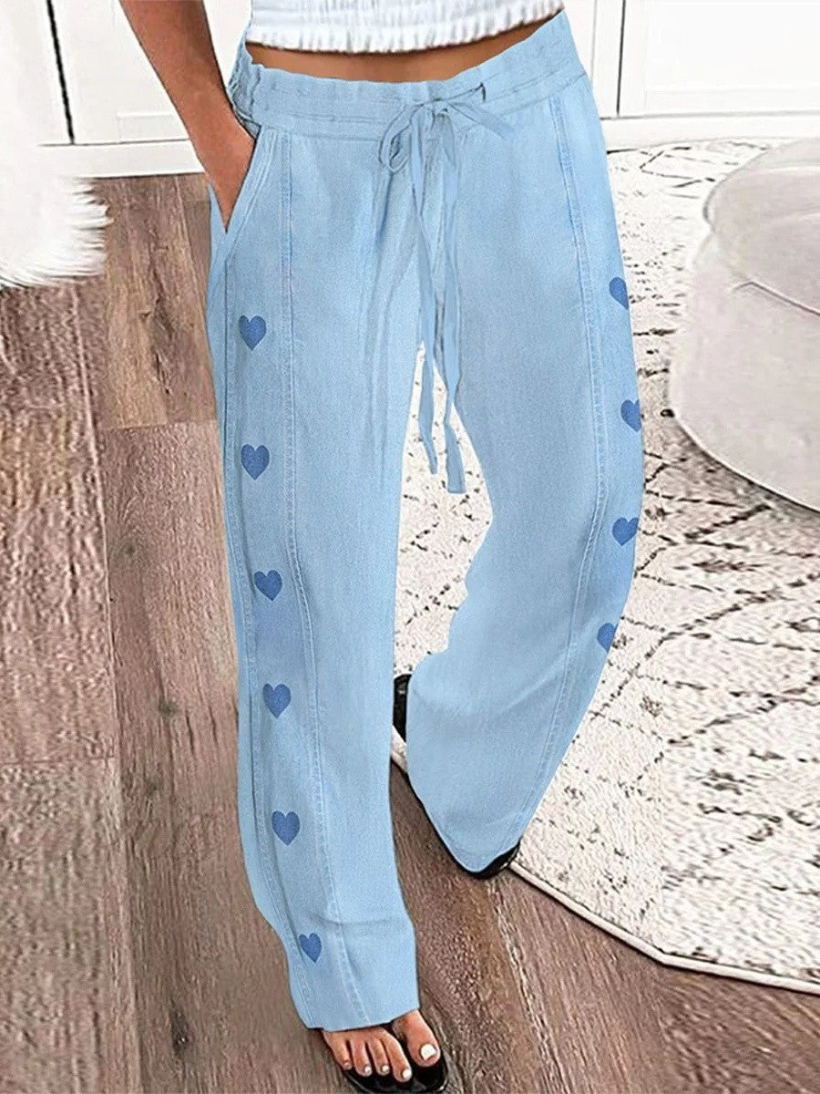 Pantalon femme large – Coupe décontractée – Taille cordon – Détail cœur – Tissu respirant