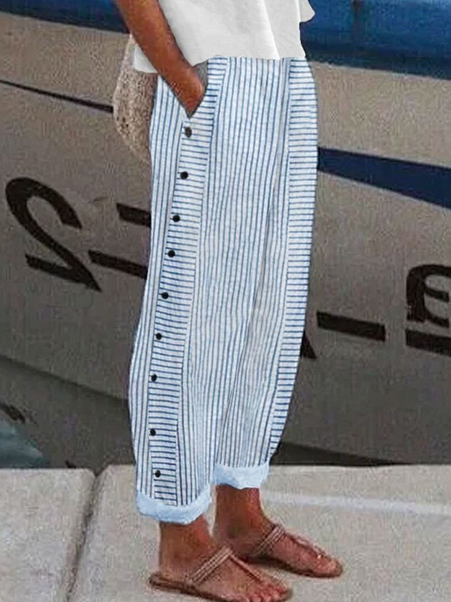 Pantalon large femme – Coupe décontractée – Rayé boutons côtés