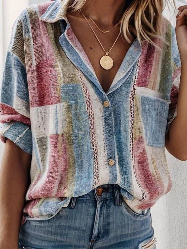 Blouse femme – Coupe ample – Manches courtes – Boutonnage devant – Motif patchwork
