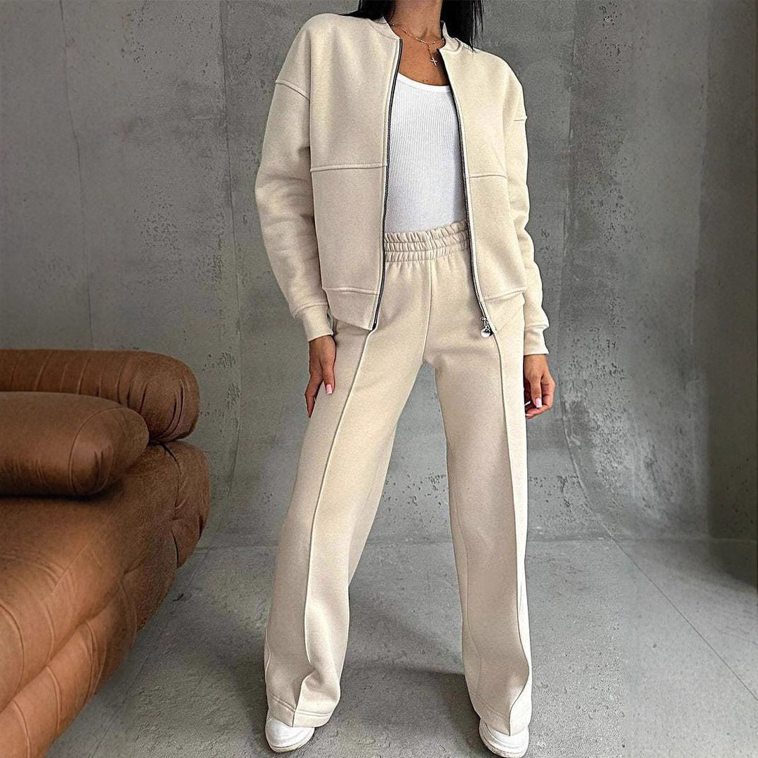Ensemble Décontracté Femme - Veste Zippée Col Rond - Pantalon Taille Haute Coupe Large
