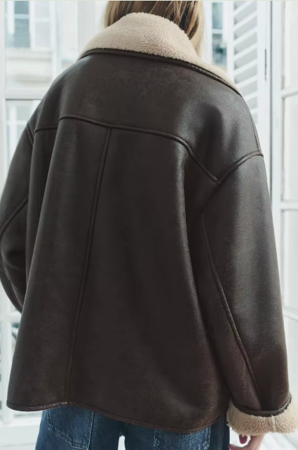 Veste Femme en Cuir Véritable - Doublure Mouton - Coupe Oversize - Col Revers Chic