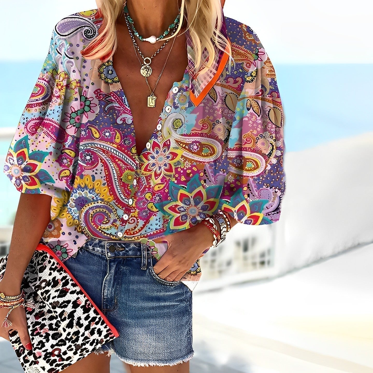 Chemise femme – Coupe ample – Motif mandala – Décolleté en V