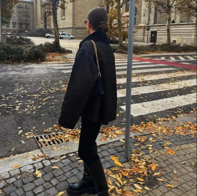 Veste Femme en Cuir Véritable - Doublure Mouton - Coupe Oversize - Col Revers Chic