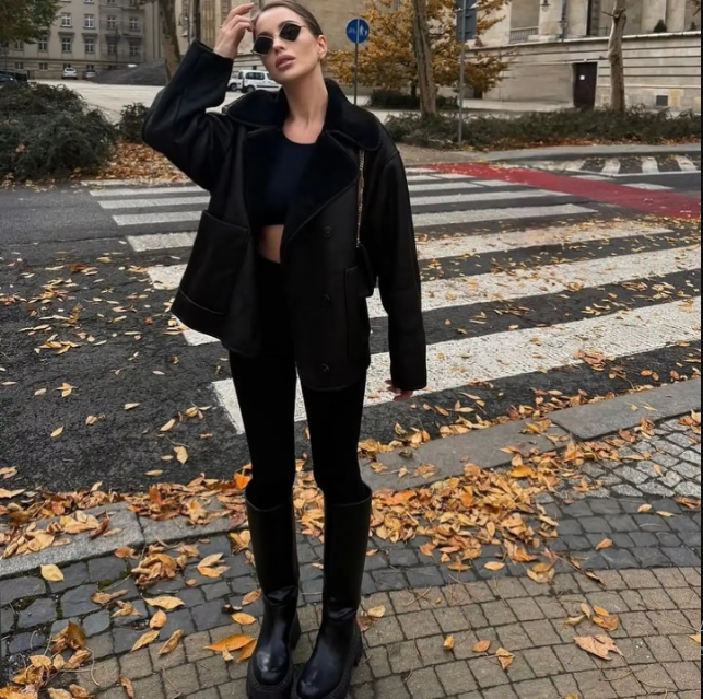 Veste Femme en Cuir Véritable - Doublure Mouton - Coupe Oversize - Col Revers Chic