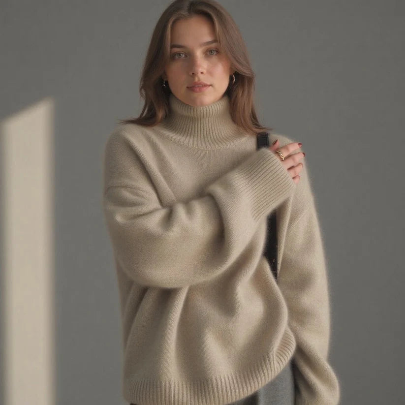 Pull Femme Col Roulé – Coupe Ample – Manches Longues – Maille Douce Confortable