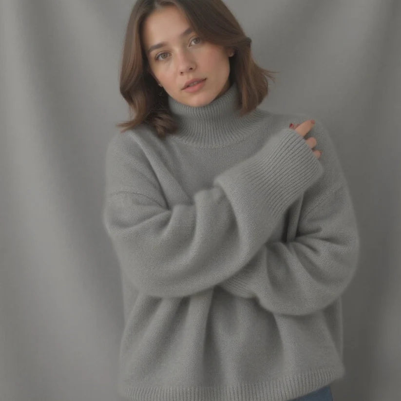 Pull Femme Col Roulé – Coupe Ample – Manches Longues – Maille Douce Confortable