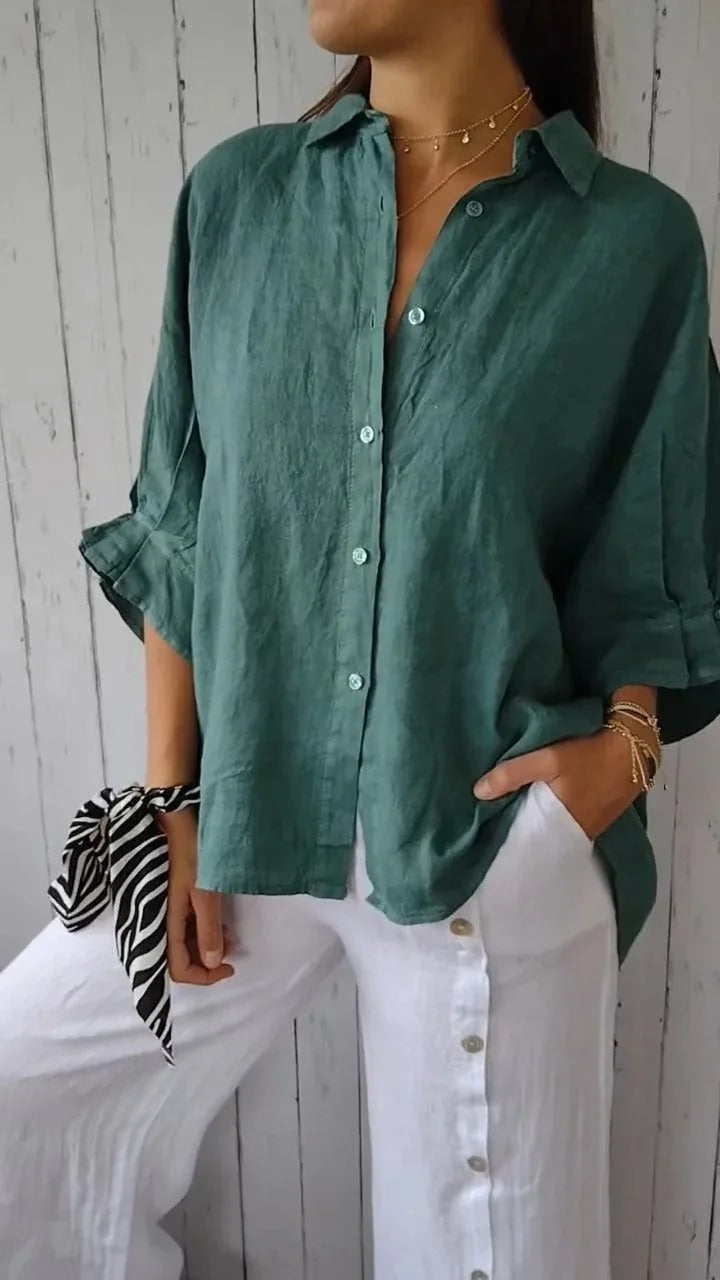 Chemise femme – 100% lin – Coupe décontractée – Manches longues – Poignets réglables