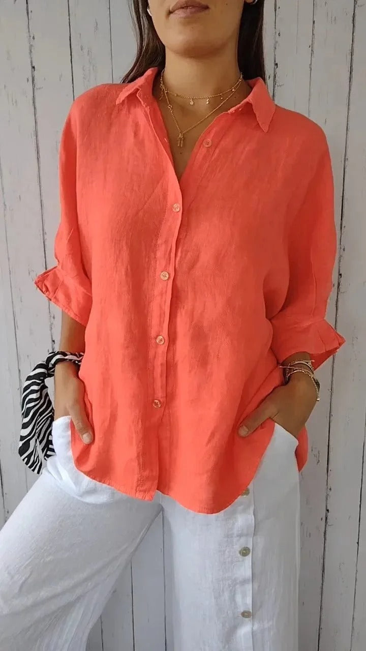 Chemise femme – 100% lin – Coupe décontractée – Manches longues – Poignets réglables