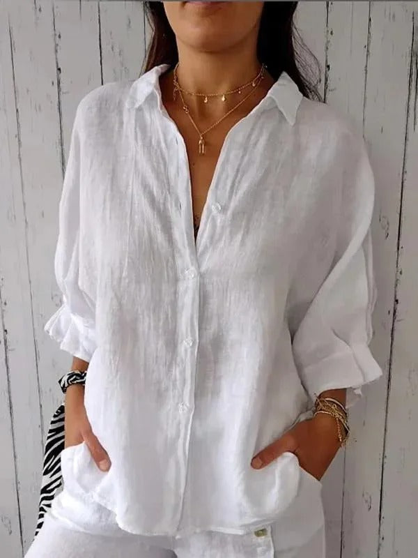 Chemise femme – 100% lin – Coupe décontractée – Manches longues – Poignets réglables