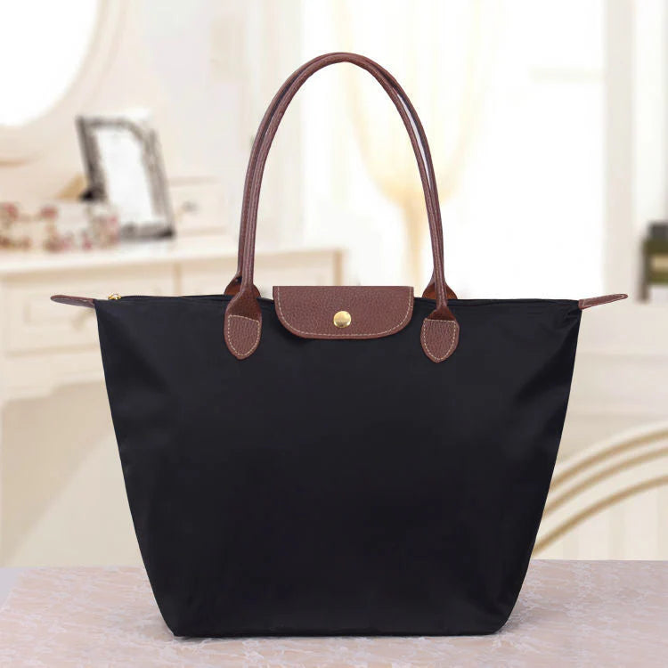 Sac Cabas Femme – Nylon Léger – Anses en Cuir – Grand Espace Rangement Polyvalent