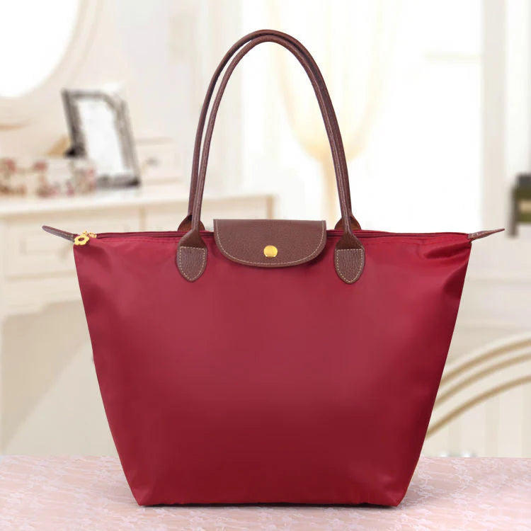 Sac Cabas Femme – Nylon Léger – Anses en Cuir – Grand Espace Rangement Polyvalent