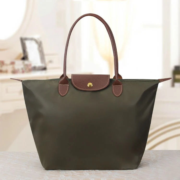 Sac Cabas Femme – Nylon Léger – Anses en Cuir – Grand Espace Rangement Polyvalent