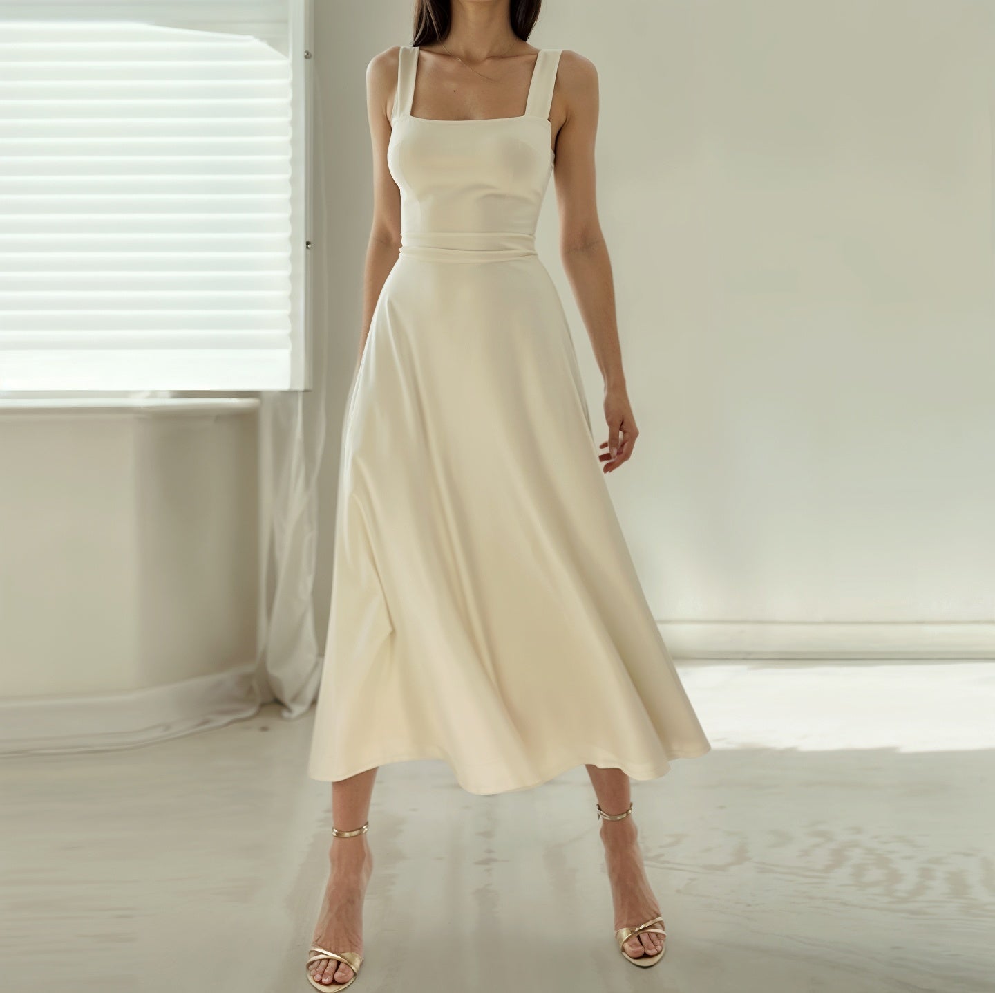 Robe midi femme – Coupe slim haut – Tissu fluide – Encolure carrée élégante