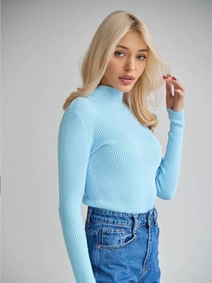 Femme Pull Col Roulé – Maille Côtelée – Coupe Ajustée – Manches Longues Élégantes