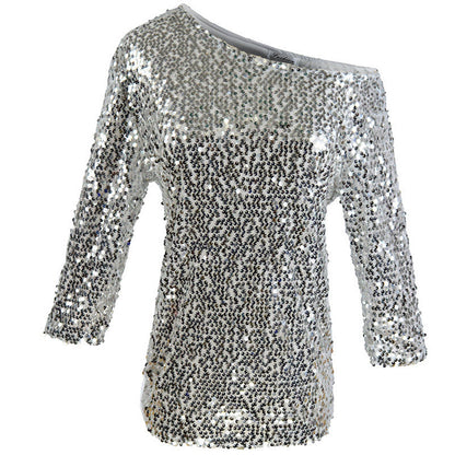 Top femme à paillettes – Coupe décontractée – Épaules dénudées – Manches mi-longues